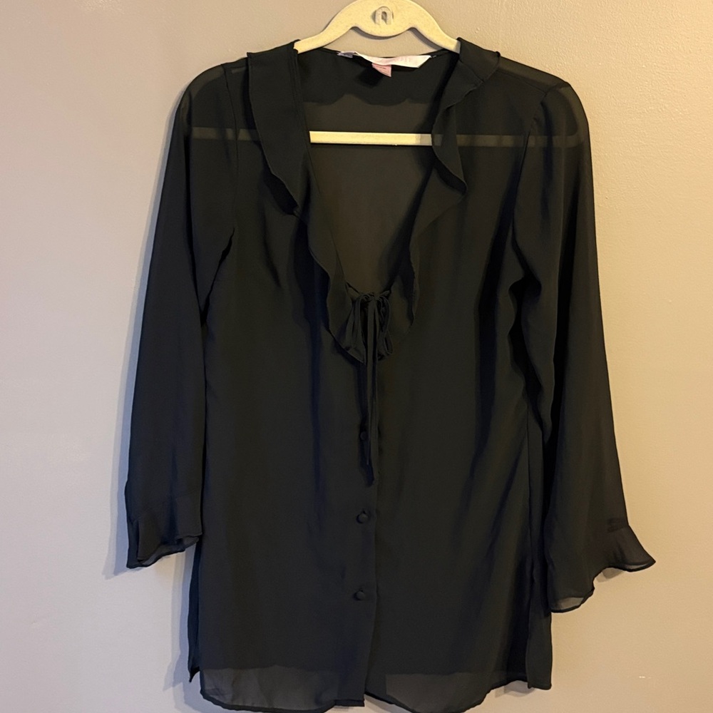 Victorias Secret Black Semi Sheer Ruffle Blouse. Size Small